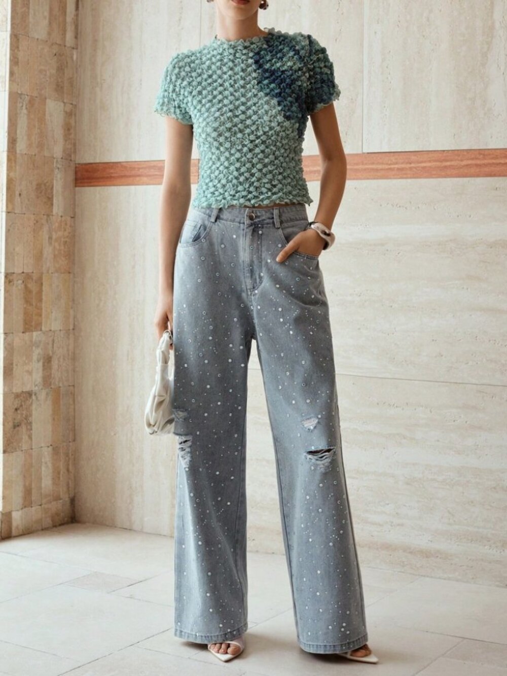 Silver Rhinestone Ripped Wide Leg Jeans - Picture 4 of 6